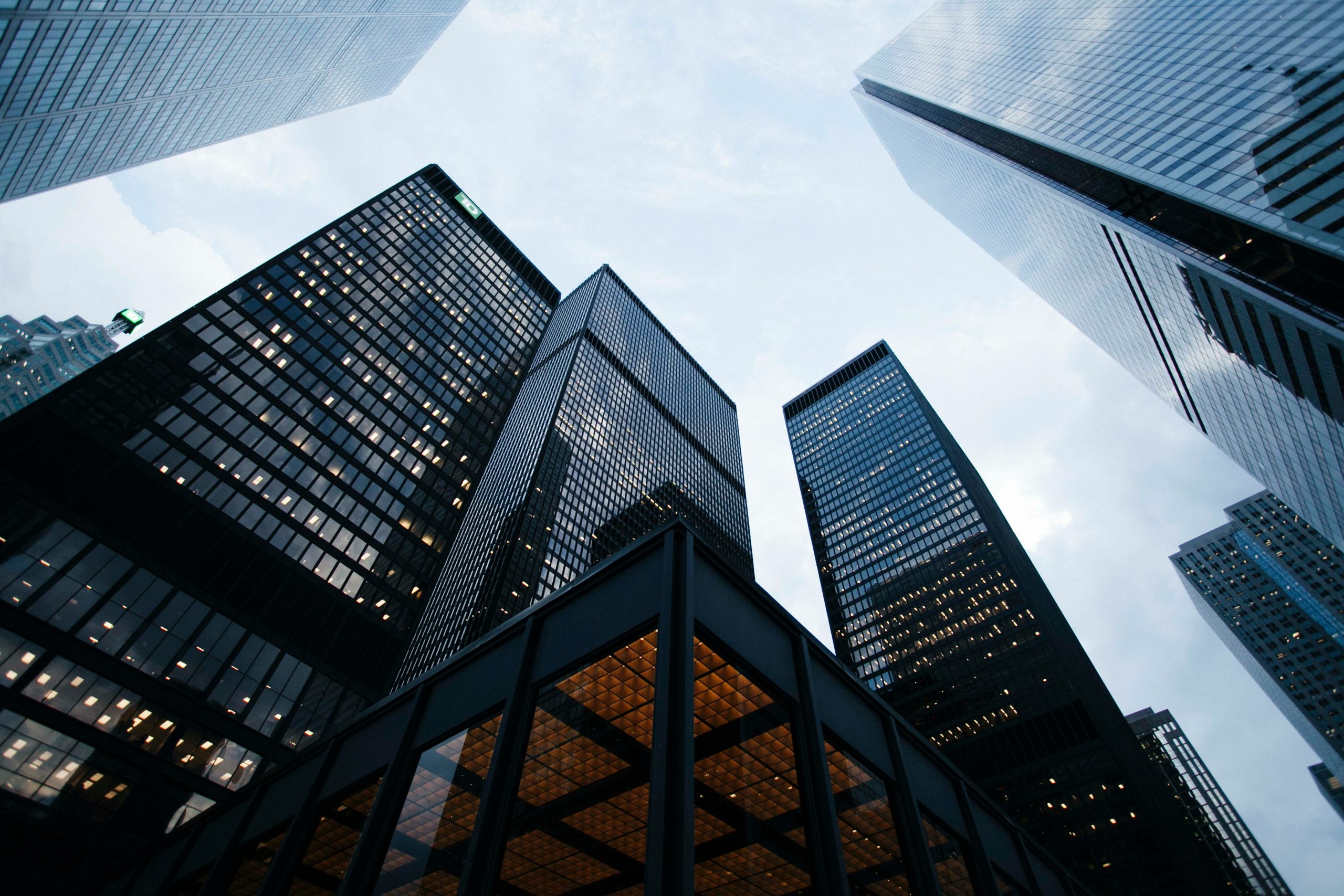 Low-angle view of glass skyscrapers